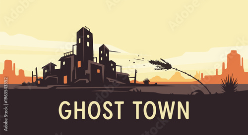 Pixelated desert landscape with abandoned buildings under a sunset sky