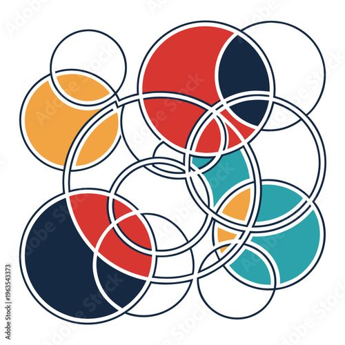 Abstract overlapping circles composition, modern geometric background design with circular patterns, flat vector art for web and print, minimal layout with colors and bold lines, graphic element
