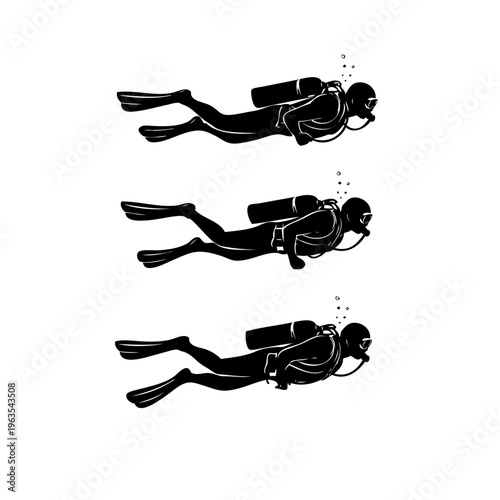 scuba divers silhouettes diving in ocean