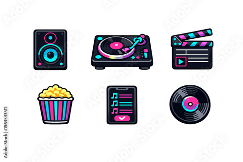 Colorful icons showing a speaker, turntable, movie clapperboard, popcorn, playlist, and vinyl record in a modern style