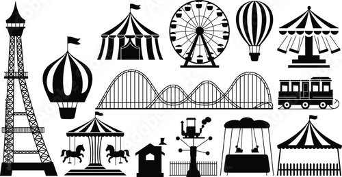Amusement park silhouette set, carnival rides icons, ferris wheel circus tent roller coaster vector, black isolated theme park illustration