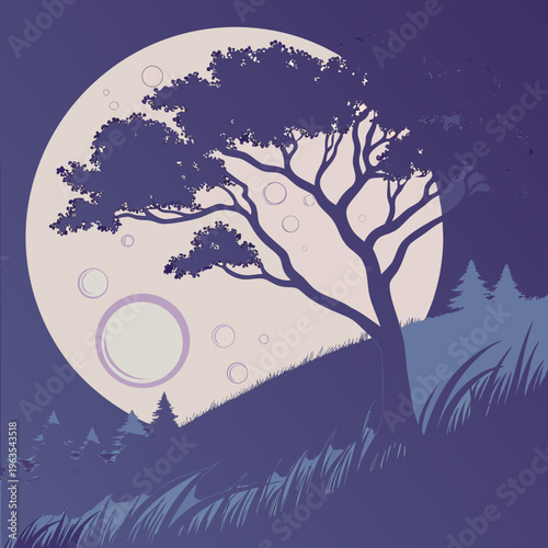 Night landscape illustration featuring a large full moon over a silhouetted tree on a grassy hill with stylized floating bubbles in a dreamy, calm, minimalist, and serene atmospheric purple setting