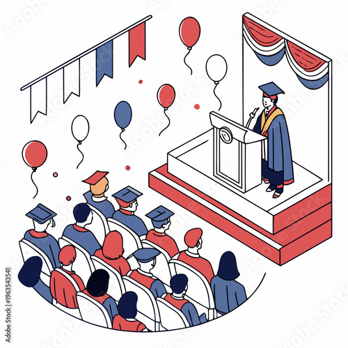 Isometric graduation ceremony scene with a speaker at a podium and seated students in gowns, decorated with patriotic flags and balloons for an academic commencement celebration event