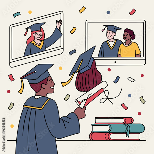 Online graduation celebration with students interacting through computer screens, throwing caps and holding diplomas amidst falling confetti in a modern digital learning concept