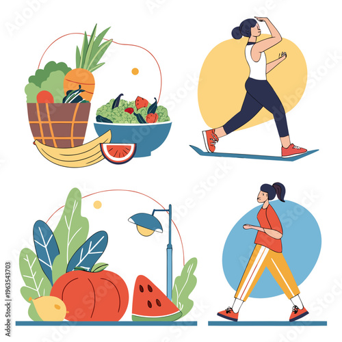 Healthy lifestyle and fitness habits set with organic food, fruit basket and active women exercising flat vector illustration