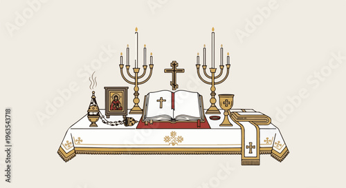 Orthodox altar with holy book, cross, candles, chalice and icon