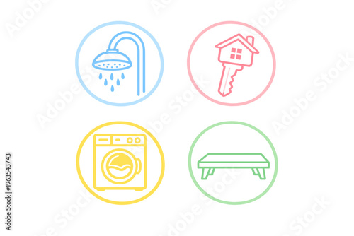 Icons showing home utilities and items including a shower, house key, washing machine, and table in a simple design