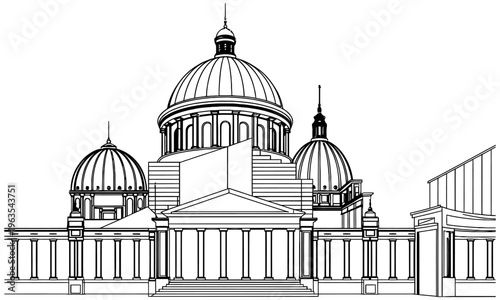  Neoclassical domed civic building with columns in architectural line art for historical reference, government institution branding, and editorial illustration