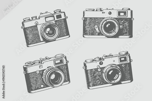 vintage, engraved hand drawn in sketch or wood cut style evolution of the photo, video, film, movie camera from first till, isolated vector realistic illustration