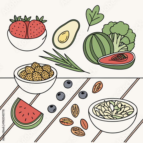 Healthy food ingredients collection with fresh fruit and vegetables illustration