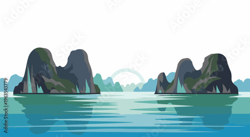 Pixel art depiction of karst mountains rising from a tranquil, reflective sea