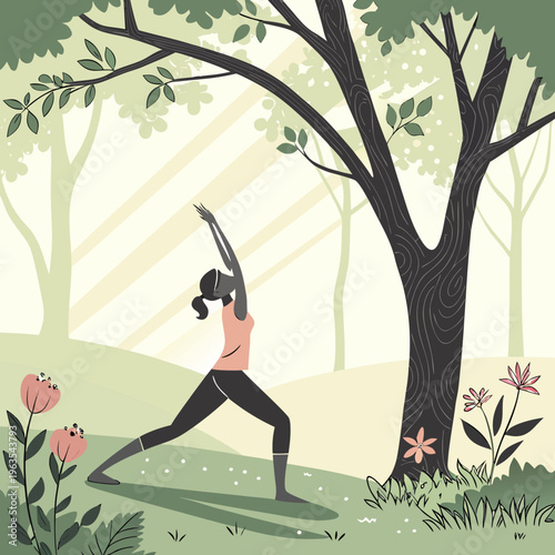 Woman doing yoga exercise in nature vector illustration for wellness and mindfulness concepts