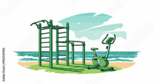 Outdoor exercise equipment on beach with ocean and clouds