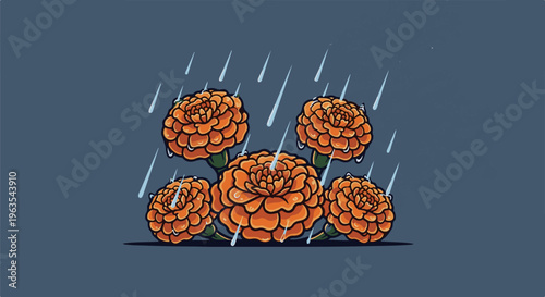 Pixelated orange flowers receive nourishment from falling rain drops