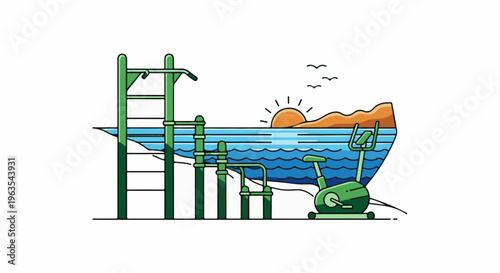 Outdoor exercise equipment set against a beach scene with a sunrise