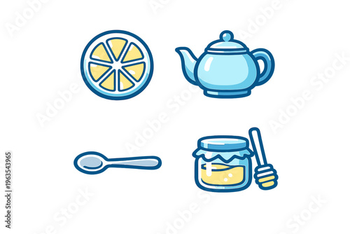 Hot drink with lemon, honey, and spoon is arranged on a white background for warm or comforting moments and winter months