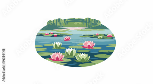 Pixelated pond with various pink and white water lilies floating on blue water