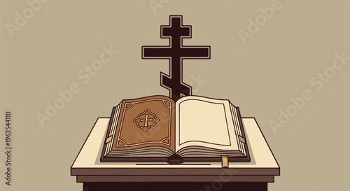 Open book with cross symbol and Orthodox cross on beige background