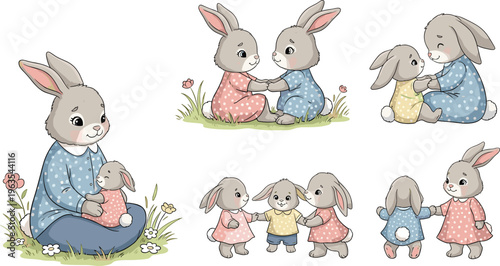 Cute Bunny Family Cartoon Set with Mother and Baby Rabbits Hugging Playing and Wearing Polka Dot Clothes for Nursery Design Kids Illustration Vector Collection
