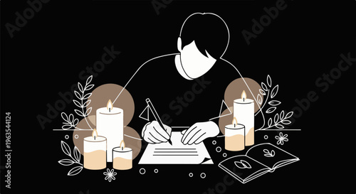 Person writing by candlelight next to an open book and botanical elements