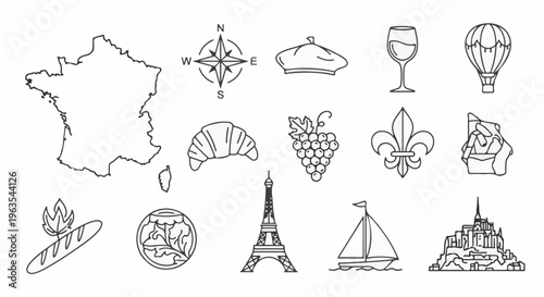Outline illustrations of France map, compass, beret, wine, hot air balloon, baguette, grapes, fleur-de-lis, Eiffel Tower, sailboat, and abbey