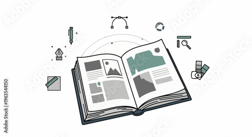 Open book with design tools and elements, illustrating creative process