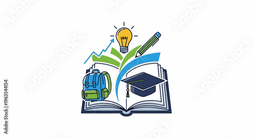 Open book with educational icons backpack, graduation cap, lightbulb, pencil, and graph