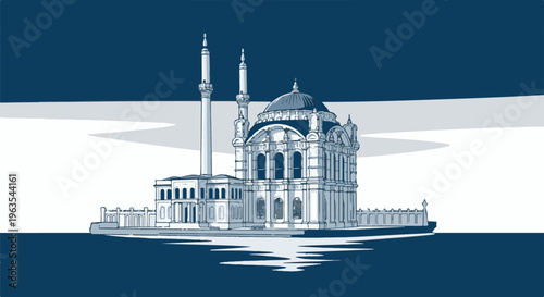 Ornate historical building with dome and minarets on water, stylized