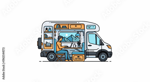 Person working on laptop inside a camper van with mountain view