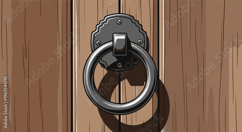 Ornate metallic ring knocker affixed to a textured wooden door panel