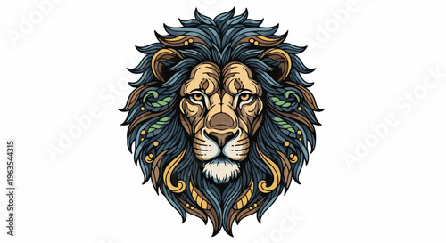 Ornate lion head with flowing mane in blue, brown, and gold