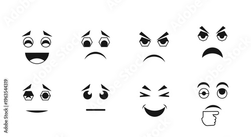 Assortment of Cartoon Emoticon Facial Expressions Displaying Diverse Human Emotions, Isolated White Background
