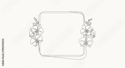 Delicate rectangular frame with soft rounded corners adorned with elegant orchid flower line art illustrations, in bright studio.