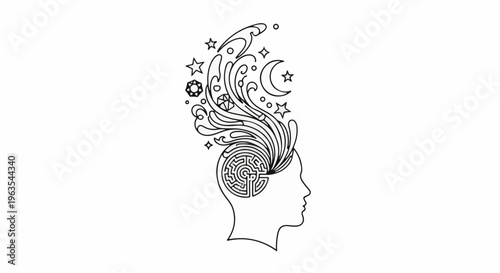 Outline of a head with a maze inside, emitting celestial and gem-like swirls