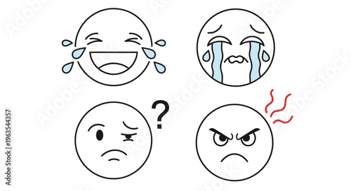 Four Cartoon Face Emojis Expressing Intense Emotions of Laughter, Crying, Confusion, and Anger, Isolated White Background
