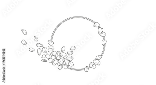 Dynamic Circular Frame with Scattered Petals or Leaves, Creating a Natural Flowing Design, Isolated White Background