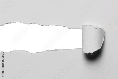 Ripped white paper with torn hole and curled edges, isolated on white background.