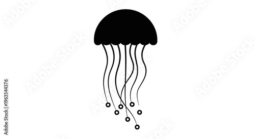 Minimalist Black Silhouette of a Jellyfish with Tentacles, Isolated White Background