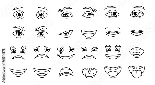 Collection of Cartoon Eyes and Mouths Displaying Diverse Facial Expressions, Isolated White Background