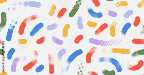 Seamless pattern halftone colored dots curved gradient pattern texture. Vector curve, grunge dotted spots using halftone circle dot raster texture. Vector lemon color blot half tone pattern.