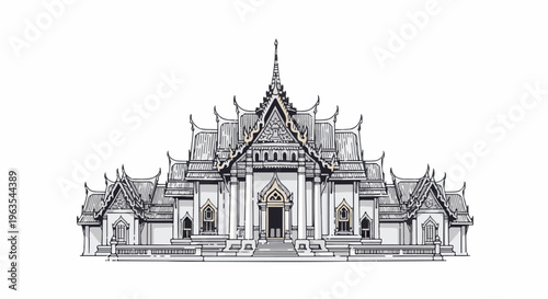 Ornate, multi-tiered roof temple facade with intricate details and a central spire
