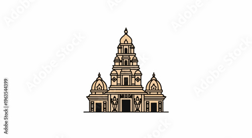 Ornate, multi-tiered temple structure with domes and statues