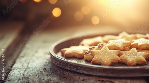 Festive Christmas Cookies Shaped Like Stars and Bells on a Rustic Tray in Soft Golden Light