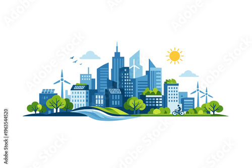 View of a modern city with wind turbines and solar panels on buildings near a river while a person rides a bicycle
