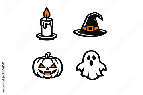 Halloween decorations include candle, witch hat, pumpkin, and ghost in simple style for festive celebration