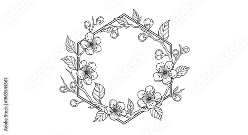 Elegant Hexagonal Floral Frame with Branches and Small Flowers in Line Art Style on Isolated White Background