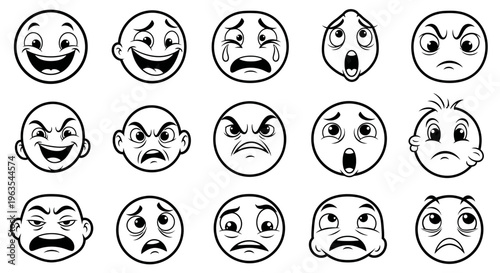 Extensive Collection of Twenty Black and White Line Art Emoji Faces Expressing a Wide Range of Emotions on Isolated White Background