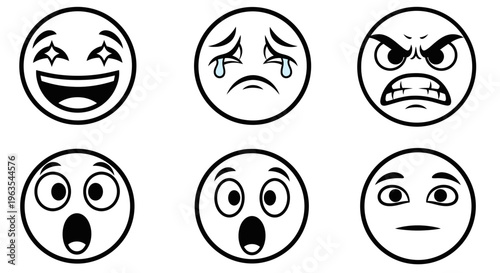 Set of Six Black and White Line Art Emoji Faces Expressing Joy, Crying, Anger, and Surprise on Isolated White Background