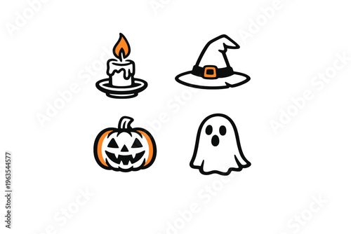 Halloween symbols include a candle, witch hat, pumpkin, and ghost displayed together for festive decoration and celebration