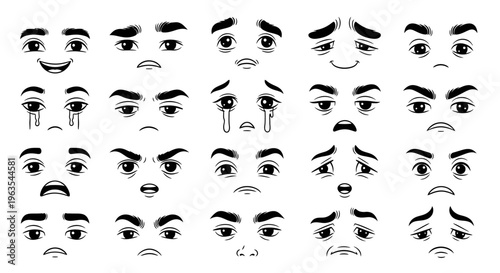 Extensive Collection of Black and White Line Art Human Eyes and Eyebrows Expressing a Vast Array of Emotions on Isolated White Background